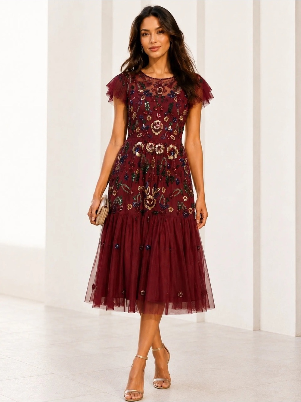 Gianni Bini “Wendy” Floral Sequin Tulle Midi Dress